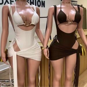 White and Brown Cut Out Backless Bodycon One Piece